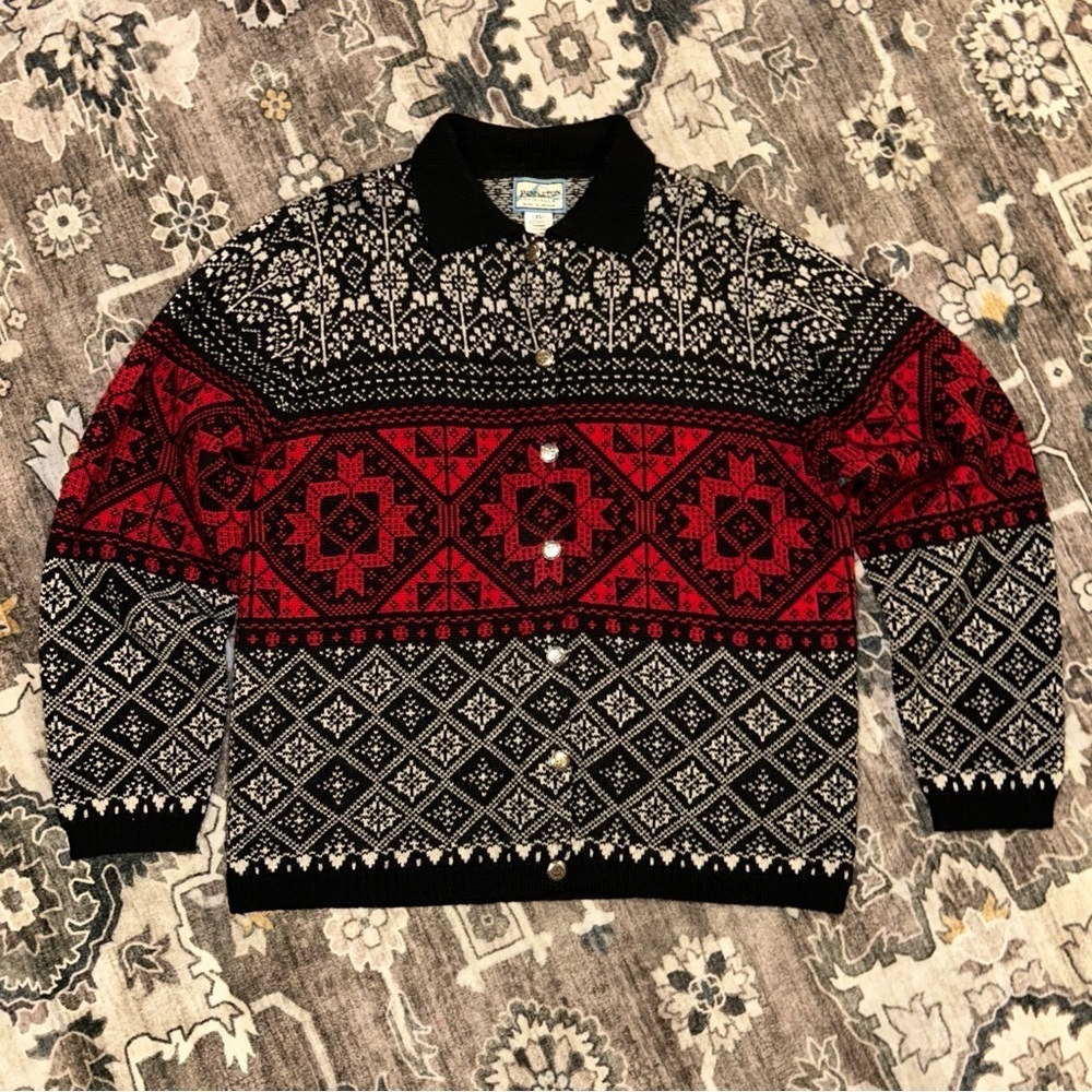 Pendleton VTG  wool Black and Red Geometric fair isle Cardigan